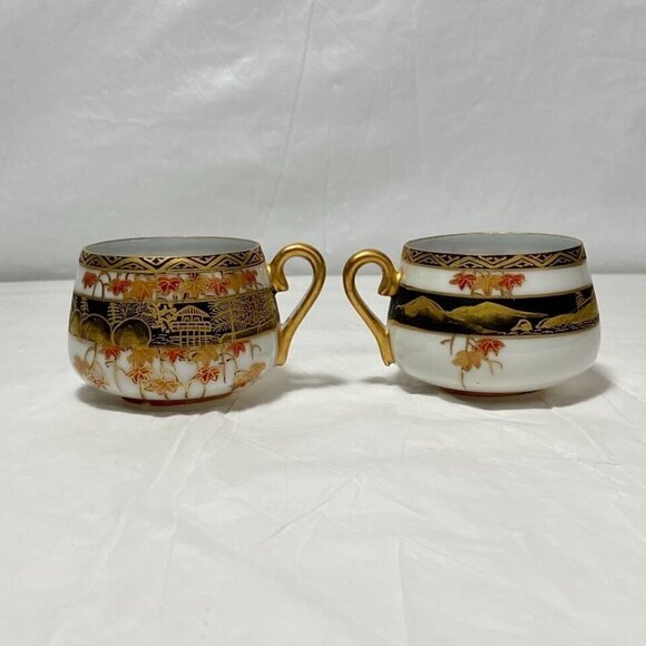 Japanese Lithophane Eggshell Fine Porcelain Red Gold Pagoda Geisha Girl (2) Cups - Picture 16 of 16